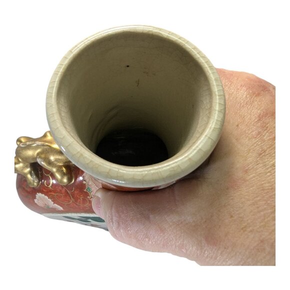 Vintage Chinese Moon Flask Vase With Gilt Dragon Handles & Floral Motif - Picture 6 of 12